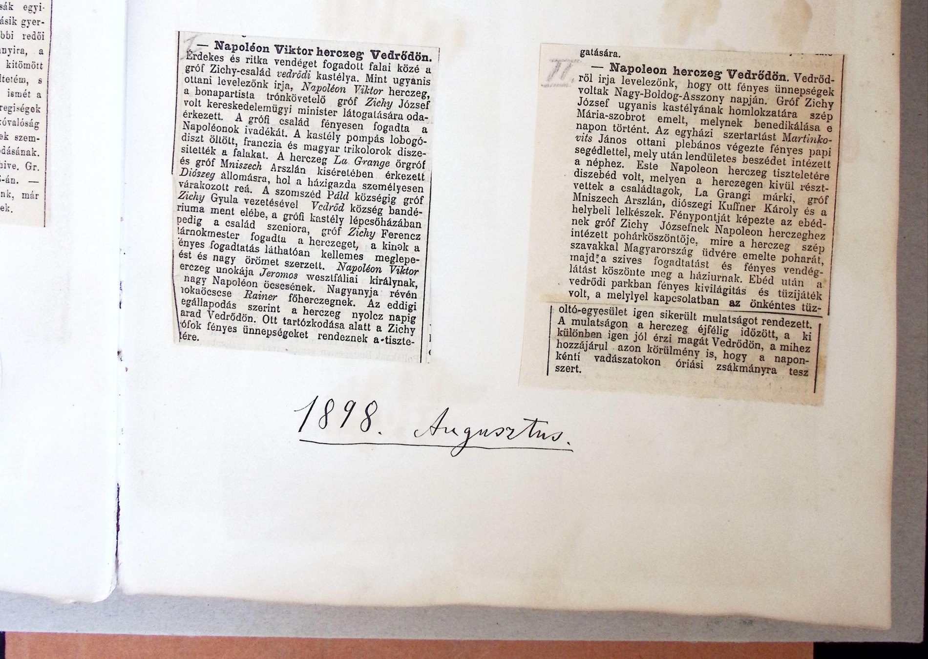 Výstrižok z novín z roku 1898 o návšteve kniežaťa Napoleona Viktora vo Voderadoch